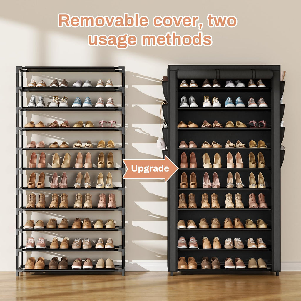 Tall Shoe Rack with Cover, 10 Tier Shoe Organizer Storage for 50-55 Pairs Shoes and Boots Large Capacity Shoe Shelf
