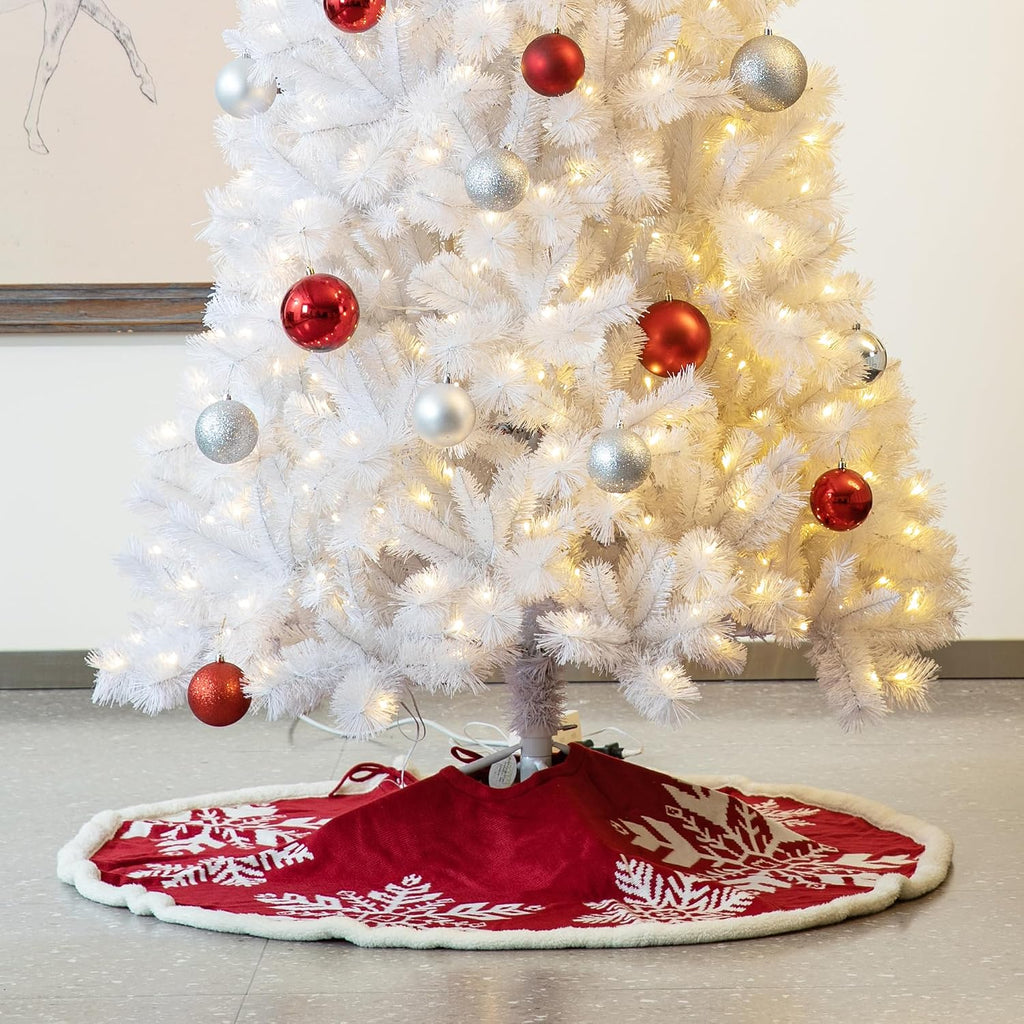 48" Knitted Red Christmas Tree Skirt with Snowflake Pattern for Xmas Winter Holiday Party Decoration(White Snowflake)