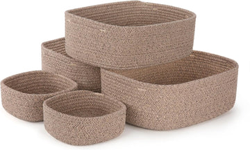 5-Pack Large Woven Rope Storage Baskets, 2 Sizes Organizer Bins | Fabric Cube Boxes and Rectangular Shallow Bins for