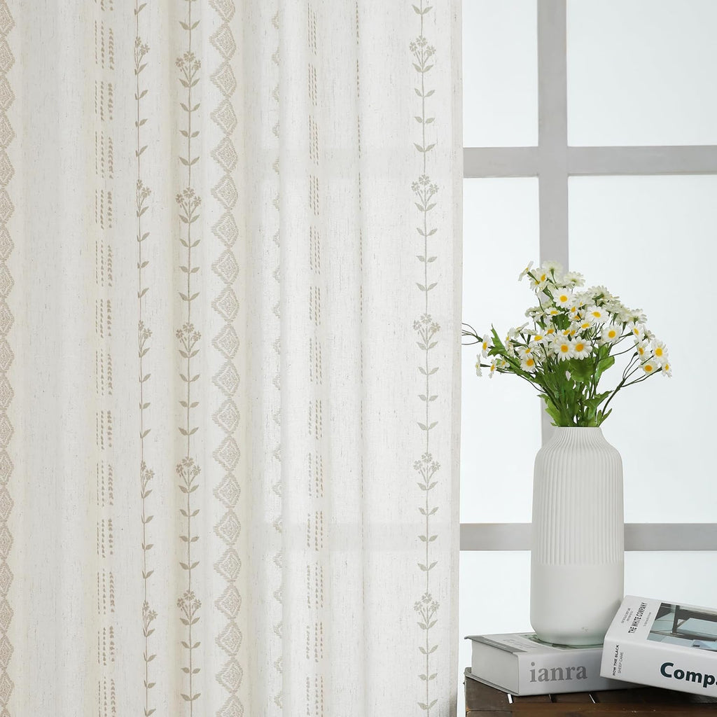 Linen Farmhouse Curtains, Neutral Taupe Cream Light Filtering Boho Sheer Floral Patterned Curtains for Dining Room