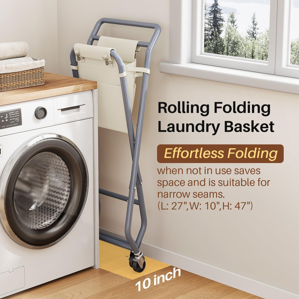 No-Bend Laundry Cart Rolling Hamper with Locking Wheels & Handle, Foldable Basket Screw-Free Assembly, Durable Metal