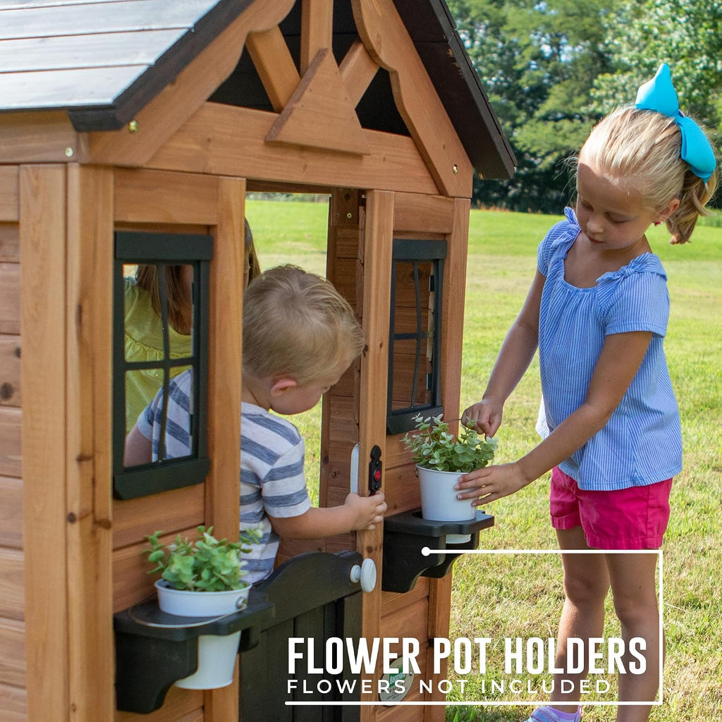Sweetwater Cedar Wooden Kids Playhouse Cottage with Play Kitchen, Snack Bar, Half Door, Toy Phone, Windows, Flowerpot