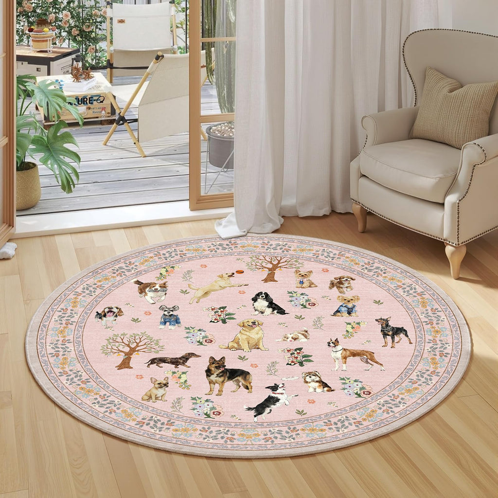 Pink 4Ft Round Dogs Area Rug Bedroom