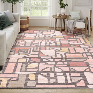 Area Rug, Vintage Checkered Abstract Rugs, Non Slip Washable Large Low Pile Soft Modern Floor Carpet Bedroom