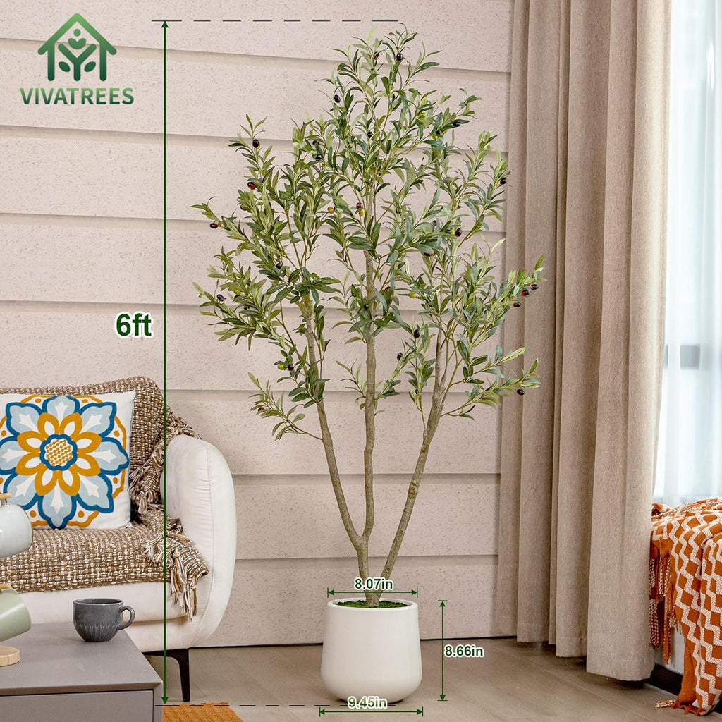 Olive Trees Artificial Indoor, 6FT Tall Faux Olive Tree with White Tall Planter, Artificial Plants with Natural Wood