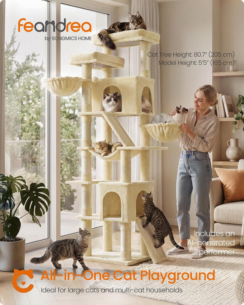 Large Cat Tree, 81.1" Tall Sturdy Cat Tower for Indoor, Beige