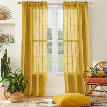 Mustard Yellow Sheer Curtains 84 Inches Long for Spring Living Room, Vintage Semi Light Filtering Linen Textured Boho