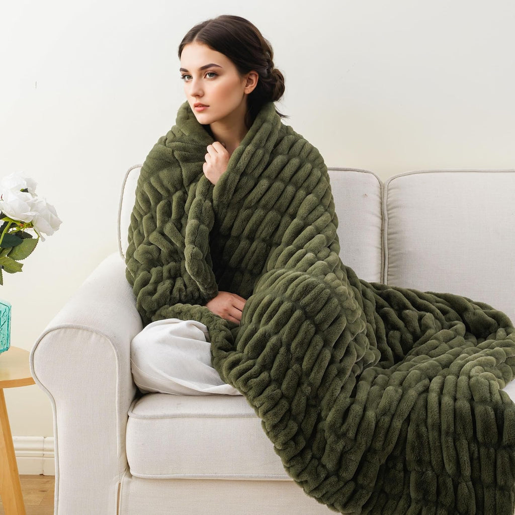 Super Soft Faux Fur Throw Blanket for Couch, 50"x60", Double Side | Olive Green Throw Blanket, Bubble Blanket, Cozy