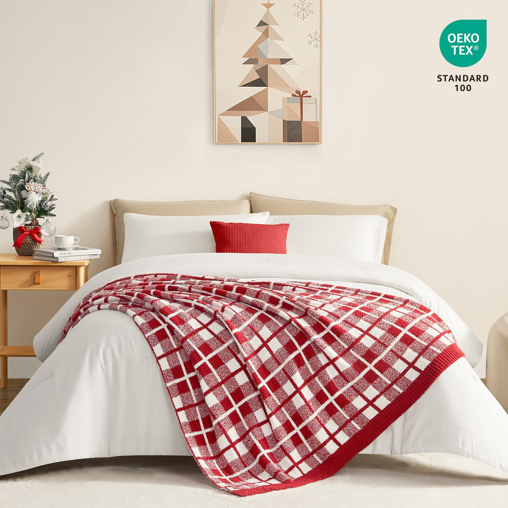 Red Checkered Throw Blanket for Couch, Super Soft Cozy Warm Christmas Red Blankets, Reversible Buffalo Plaid