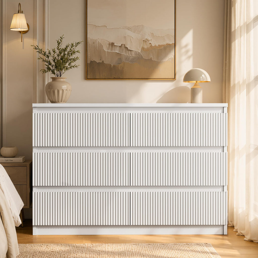 6 Drawer Fluted Dresser, Modern Chest of Drawers with Hidden Handles, Wood Storage Organizer Cabinet, White (15.7" D