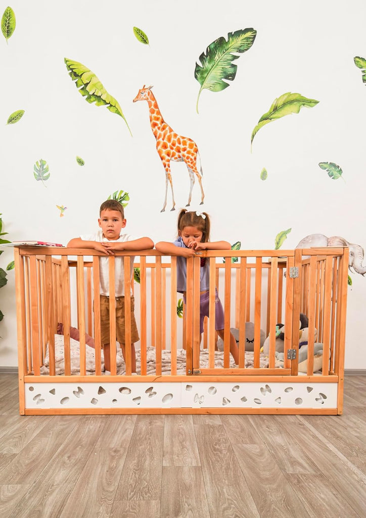 Montessori Floor Bed with Extra High Rails and Locking Door - Low Toddler Bed Frame with Slats - Twin/Full/Queen
