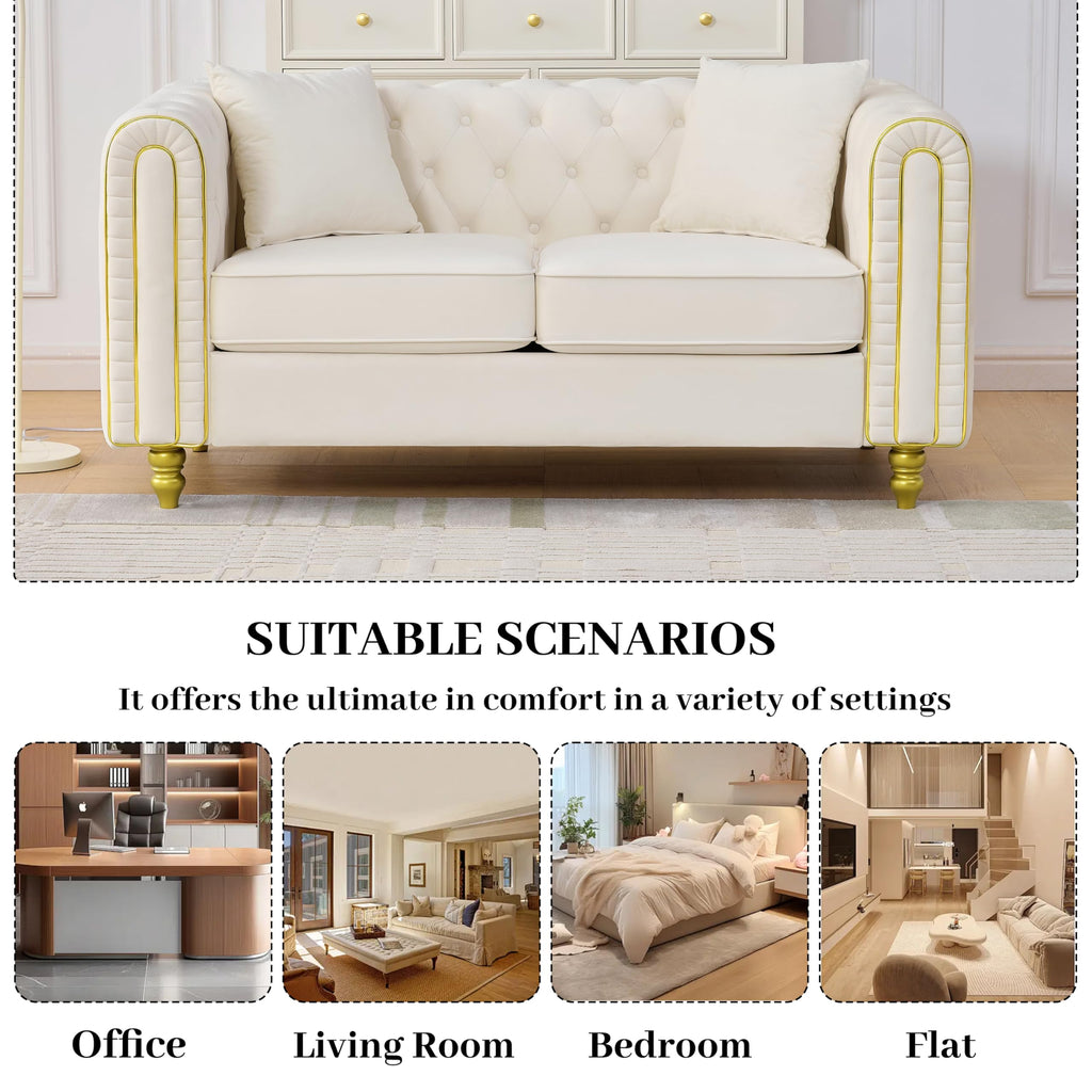 Chesterfield 63" Loveseat White Velvet Sofa, 2-Seater Couch Comfy Velvet Sofa, Button Tufted Rolled Arms and Gold