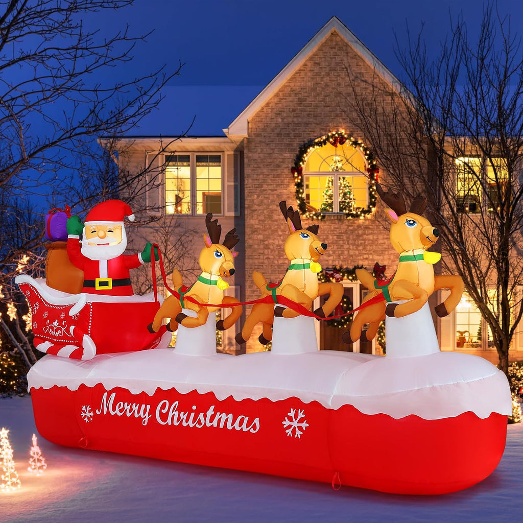 10 FT Christmas Inflatables Outdoor Decorations Santa Claus on Sleigh, Blow Up Cute Elks Pulling Santa's Inflatable
