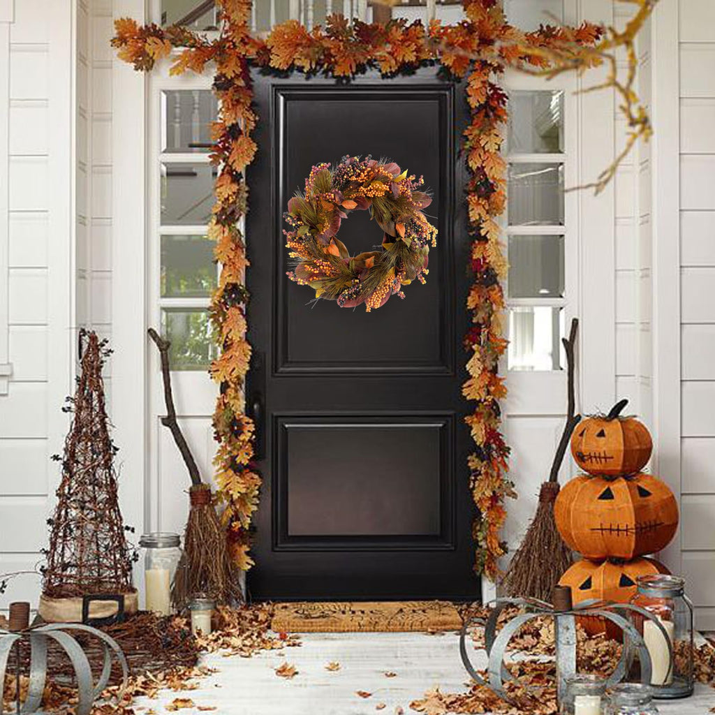 20 inch Thanksgiving Wreath Magnolia Leaves with Pine Needle Yellow Berry Wreath for Front Door Harvest Festival