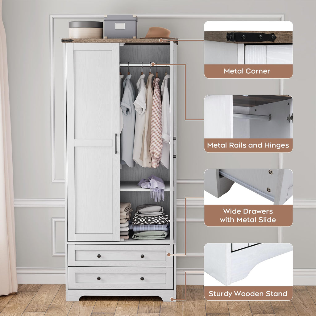 Wooden Armoire Wardrobe Closet with Drawers, White, Set of 2