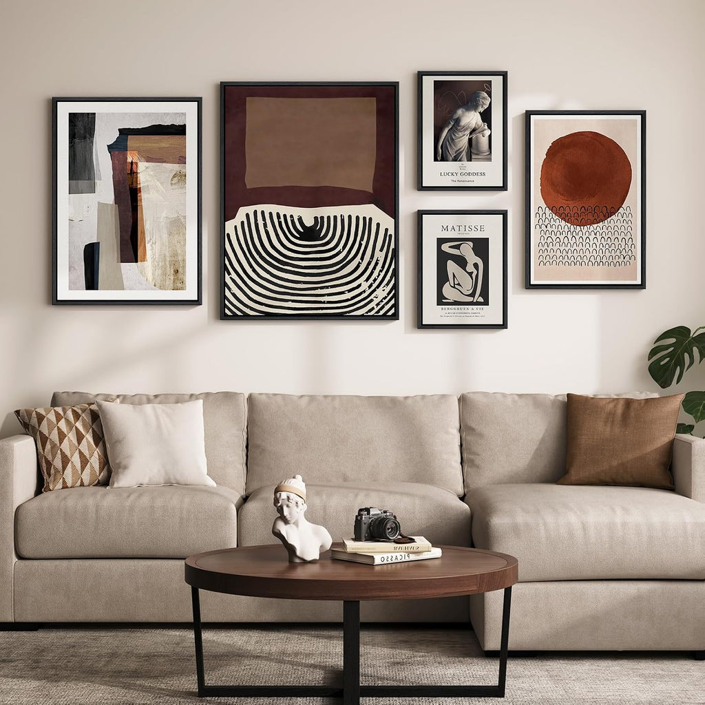 Large Framed Black and White Abstract Wall Art , 5 Piece Neutral Canvas Prints Paintings Artwork for Walls, Mid