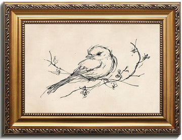 Vintage Gold Framed Wall Art, Minimalist Bird Sketch Canvas Art Prints Painting, Antique Nature Line Drawing Wall Art