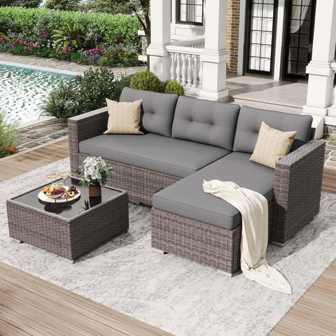 JOIVI 3-Piece Patio Furniture Set, Outdoor Wicker Rattan Sectional Sofa & Patio Couch with Cushions