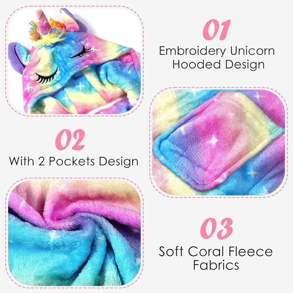 Girls Robe Kids Hooded Bathrobe Unicorn Rainbow Star Leopard Toddler Bath Robe Warm Fuzzy Bathrobes
