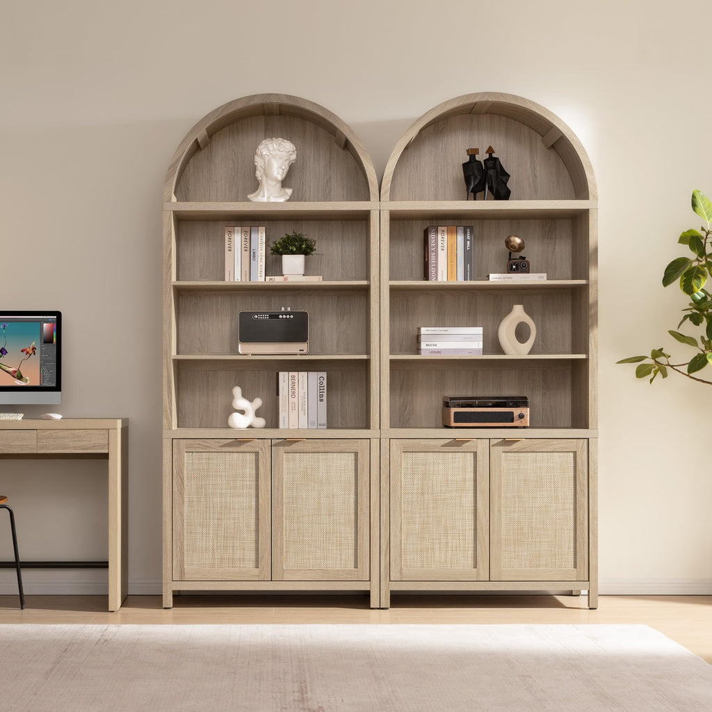 84.2" Tall Arched Bookcase with Doors - 5 Tier Rattan Bookshelf