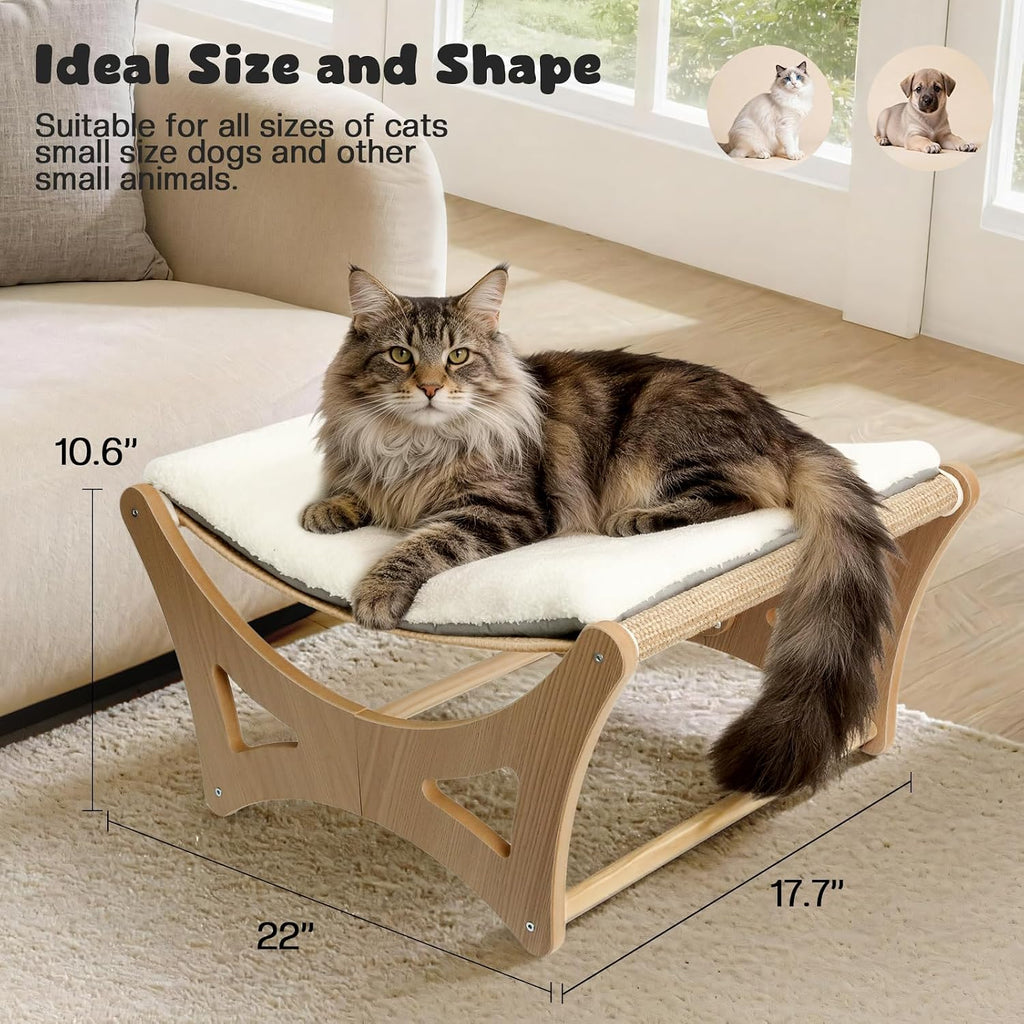 Cat Hammock Bed, Wooden Elevated Cat Beds with Natural Sisal Scratching Mat, Cats Scratcher Bed with Removable Soft
