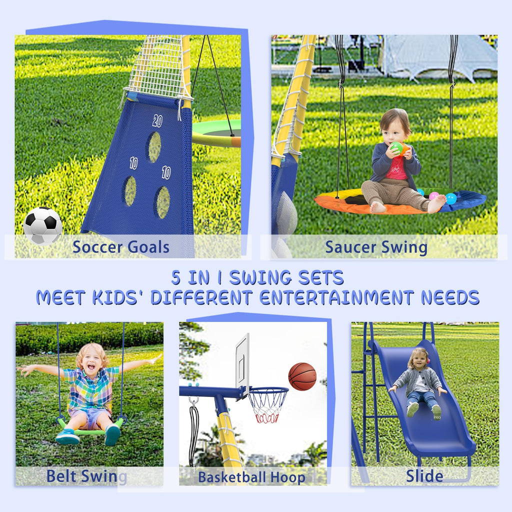 5-in-1 Kids Swing Sets for Backyard with Slide