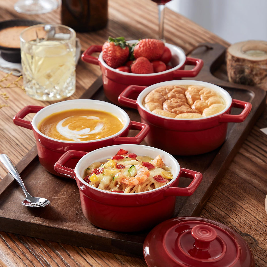 Mini Cocotte 12oz Ceramic Casserole Dish Set with Lid, Red
