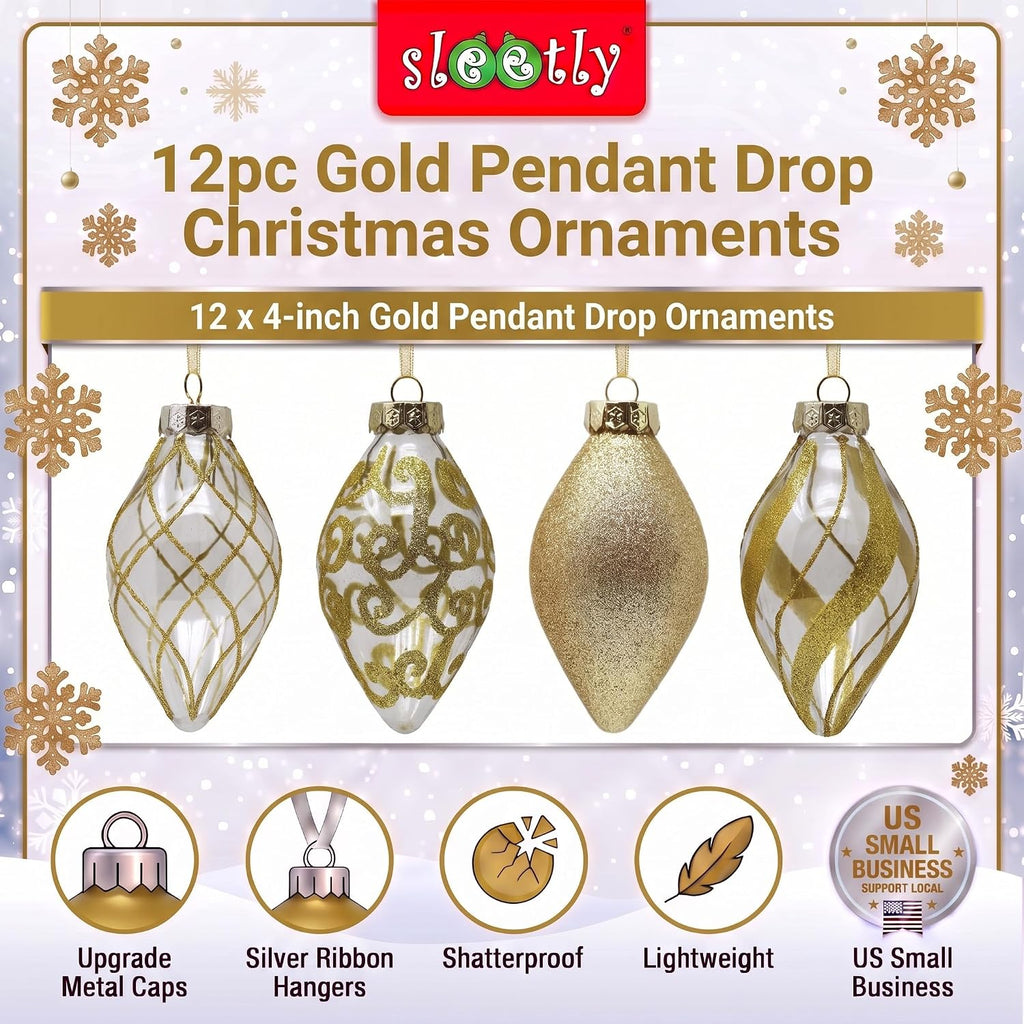 Gold Christmas Ornaments Set for Tree Decorations, Teardrop Finial