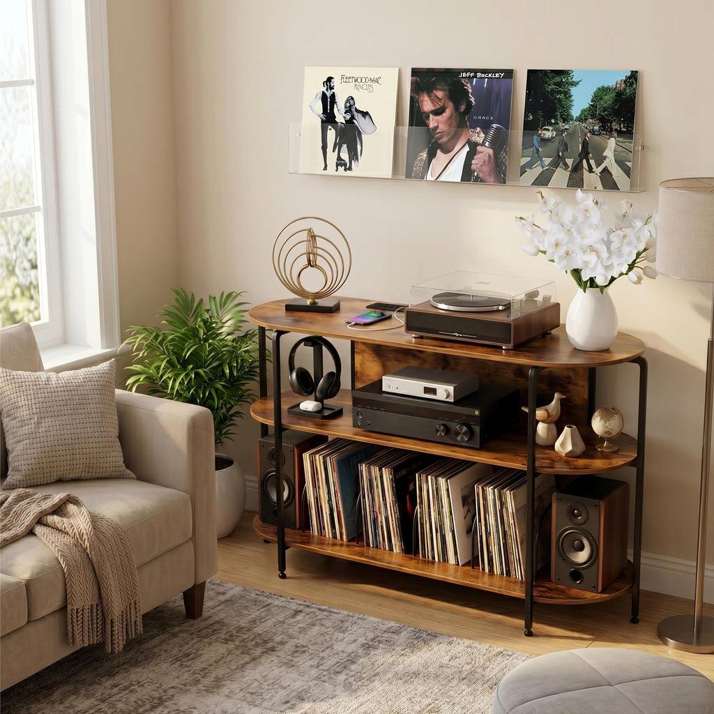 Vinyl Record Player Stand with Power Outlets, 43.3" Mid Century Turntable Stand Console Table, 3-Tier Arc Record