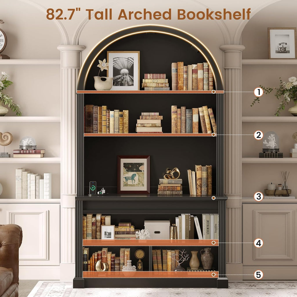 67" L Shaped Desk with Tall Arched Bookshelf, Mid-Century Office Computer Desk with 3 Drawers and Storage Shelves