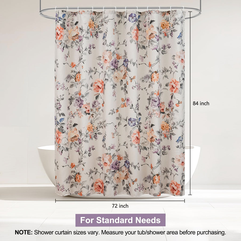 Vintage Floral 72x84, Lightweight Faux Linen Fabric Bathroom Curtains, Shabby Chic Purple and Pink Rose Cottagecore