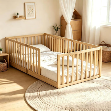 Toddler Floor Bed with High Rails, Natural