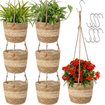 6 Pcs Seagrass Hanging Planter Basket, Small, Beige
