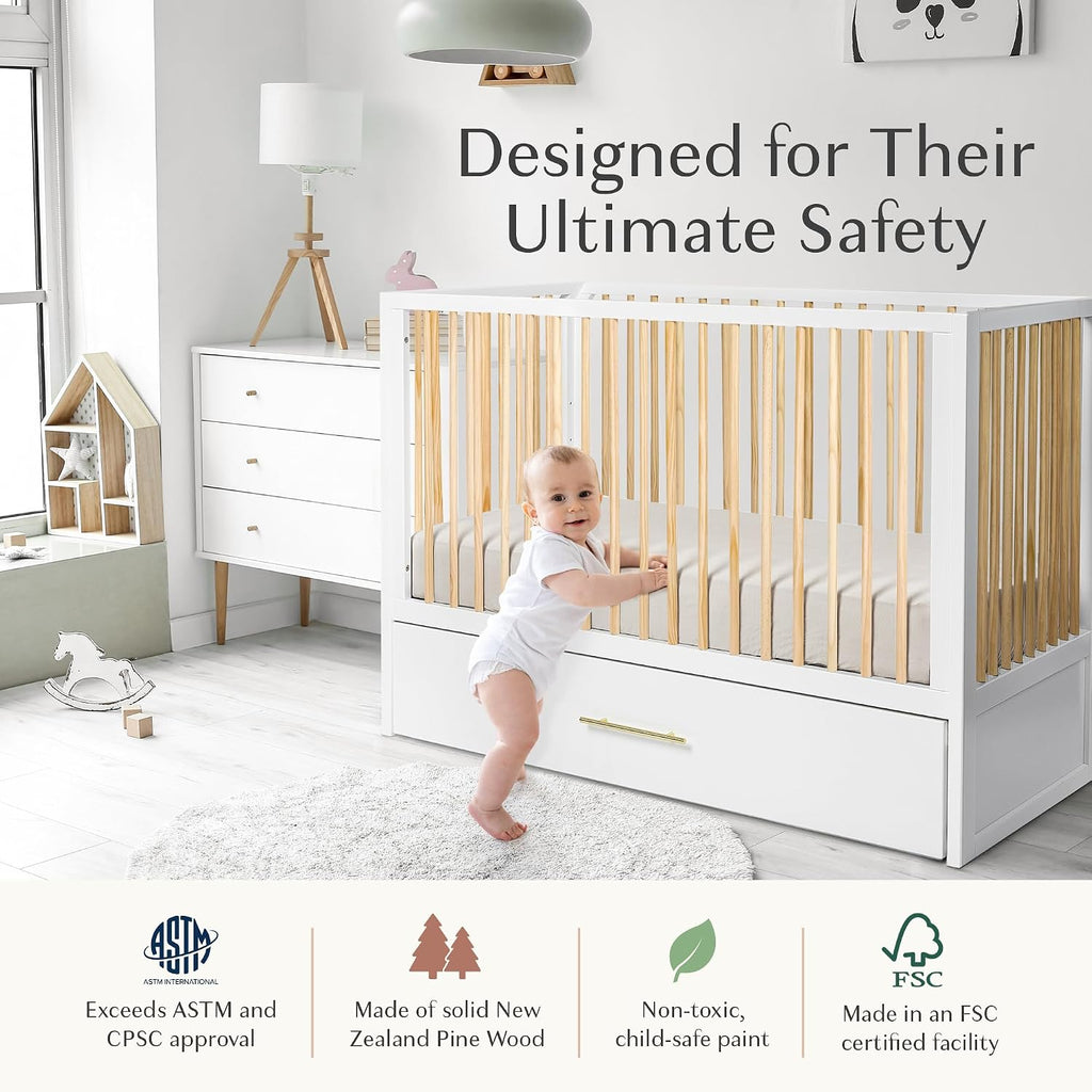 Convertible Crib w/Trundle - Convert from Crib to Toddler Bed - Adjustable Baby Crib & Drawer, Baby Bed, White Crib