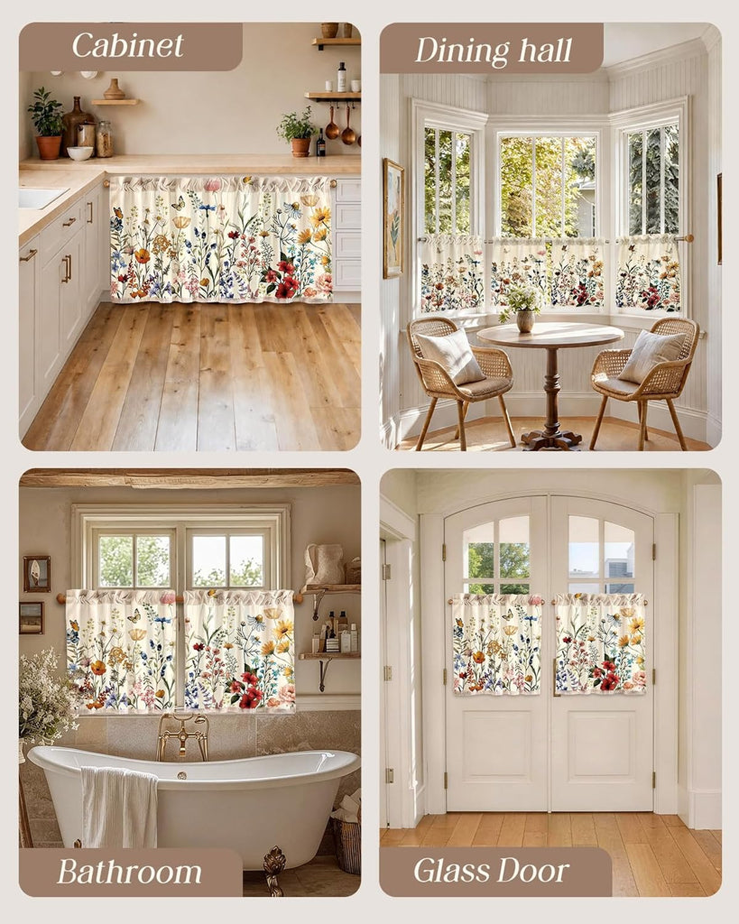 Floral Kitchen Tier Curtains - 24 Inch Length Linen Blend Farmhouse Cafe Curtains Vintage Small Window Treatments
