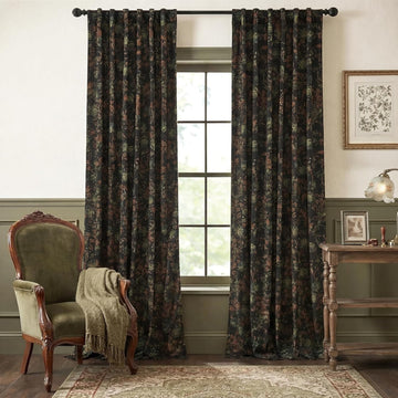 Black Velvet Curtains 84 inches Long - Printed Floral Design Home Decoration Back Tab Vintage Thermal Insulated Room
