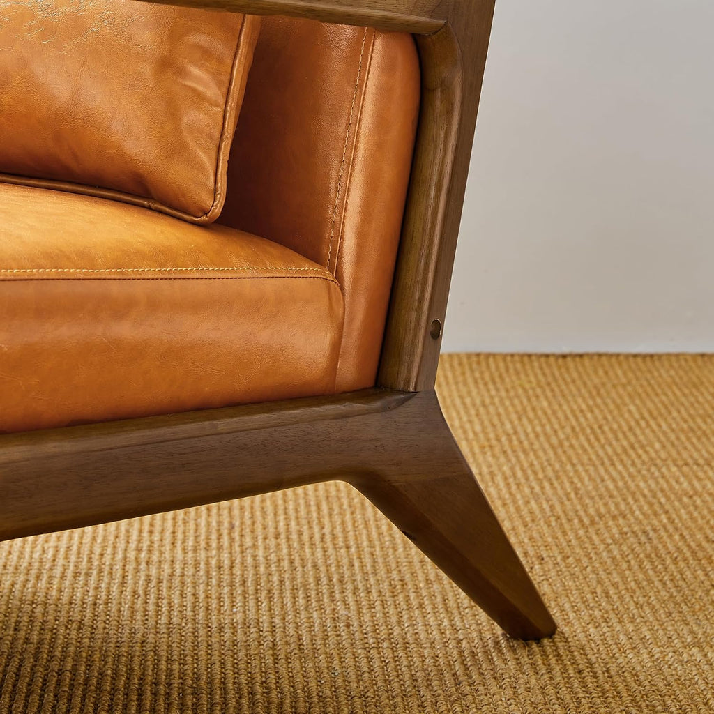 Set Mid Century Yellowish Brown Accent Armchair, Single Reading Armchair PU Leather Lounge Chair with Walnut - Set of 2