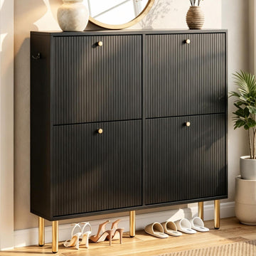 Shoe Storage Cabinet, 4 Flip Drawers with Adjustable Shelves, Mid-Century Modern Shoe Organizer with Tiered Fluted