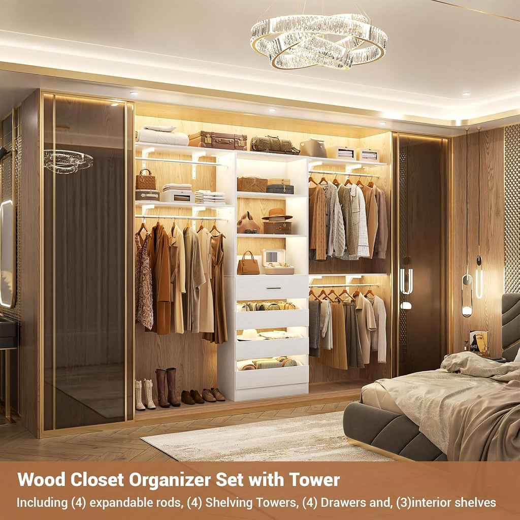 Closet System with Drawers, Wood Closet Organizer System with 4 Hanging Rods & Top Shelves, Walk-in Closets Organizer