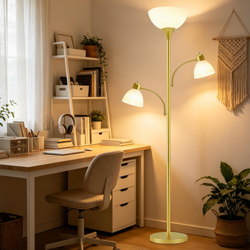 3-Head Torchiere Floor Lamps with 2 Reading Lamp -Gold