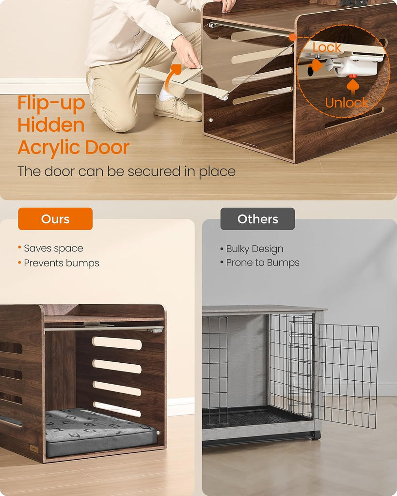 Dog Crate Furniture, Flip-Up Hidden Acrylic Door, Charging Station