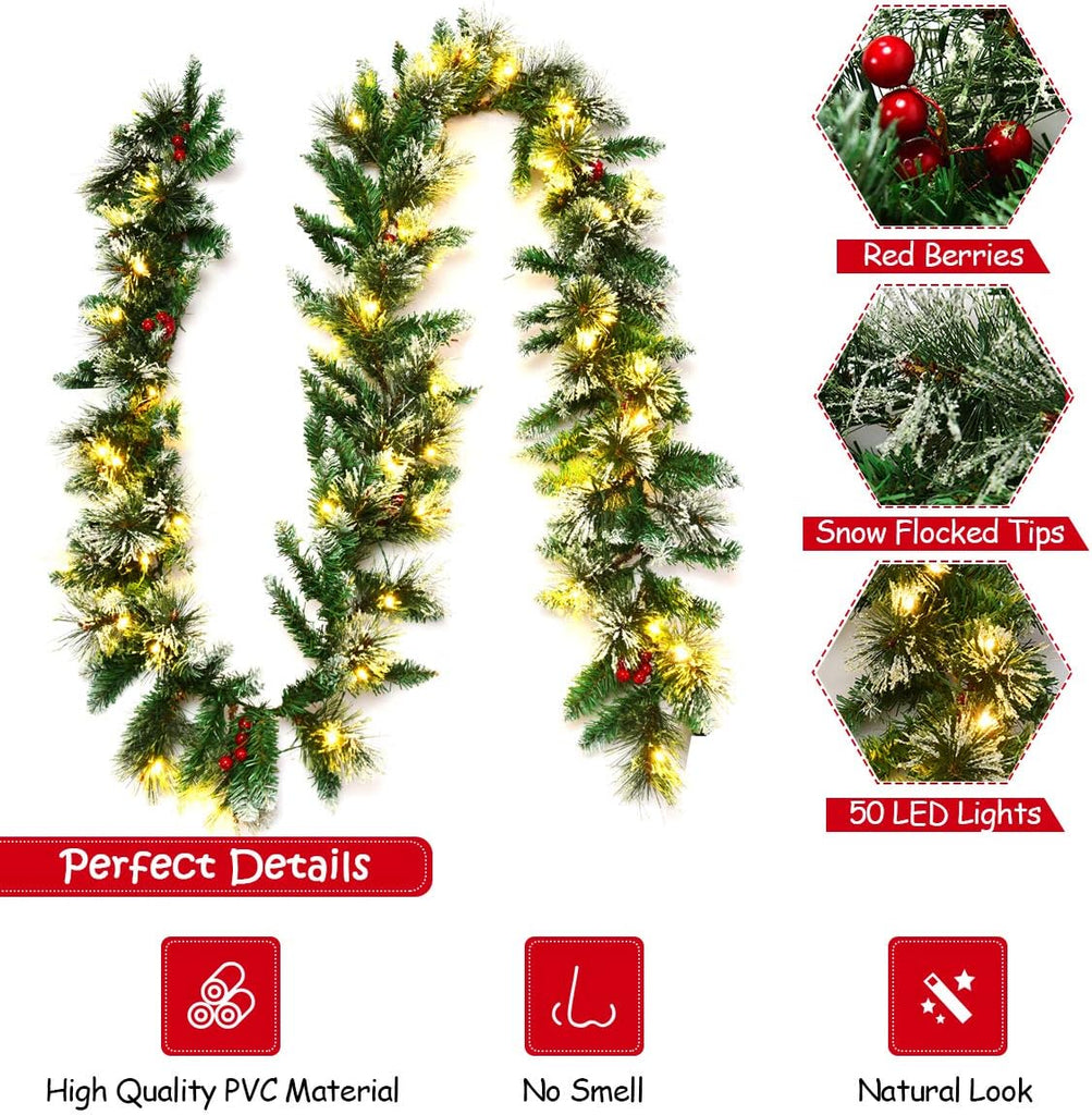 9FT Pre-lit Christmas Garland, Artificial Christmas Pine Rattan w/Timer, 50 LED Lights and Red Berries, Ideal for