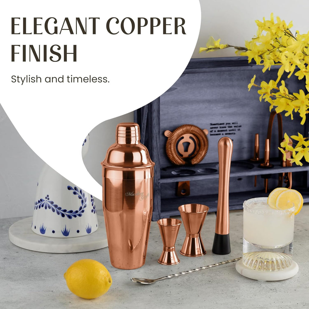 Rustic Cocktail Shaker Set - Includes Wood Stand, Complete Barware Kit with 24 Oz Shaker, Dual Jiggers, Pourers