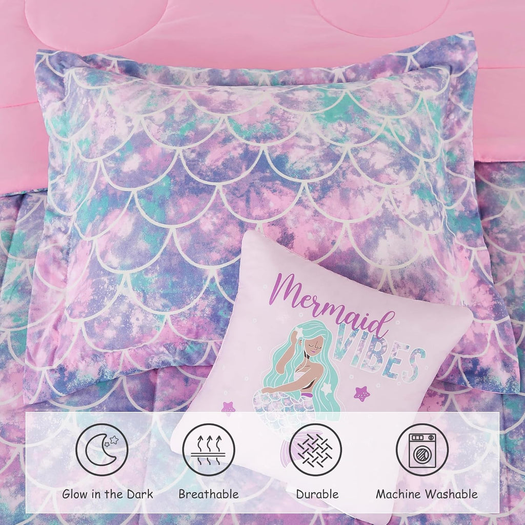 Twin Comforter Set for Girls-3 Pieces Mermaid Glow in the Dark Twin Bedding Sets for Kids, 1 Comforter, 1 Sham and 1