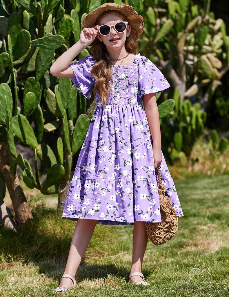 Girls Summer Dress Tween Boho Casual Smocked Swing Flowy Dresses