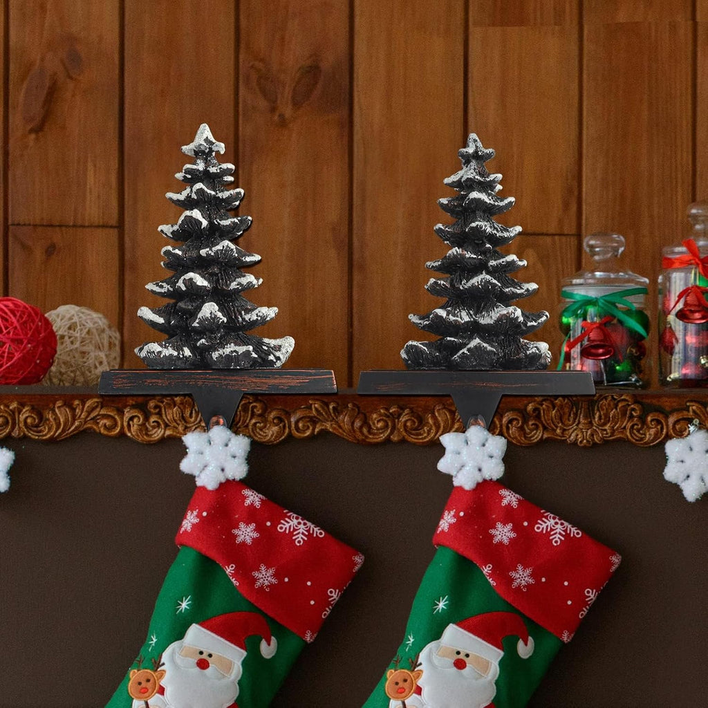 Christmas Stocking Holders for Mantle Set of 4 Snow Brown Vintage Xmas Tree with Non-Skid Stockings Holders for