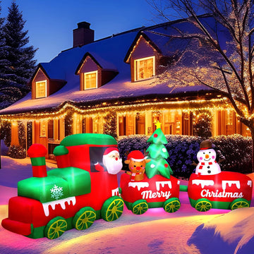 10.7 FT Christmas Inflatables Train with Santa Claus Reindeer Snowman Christmas Tress Built-in LED Lights Blow Up