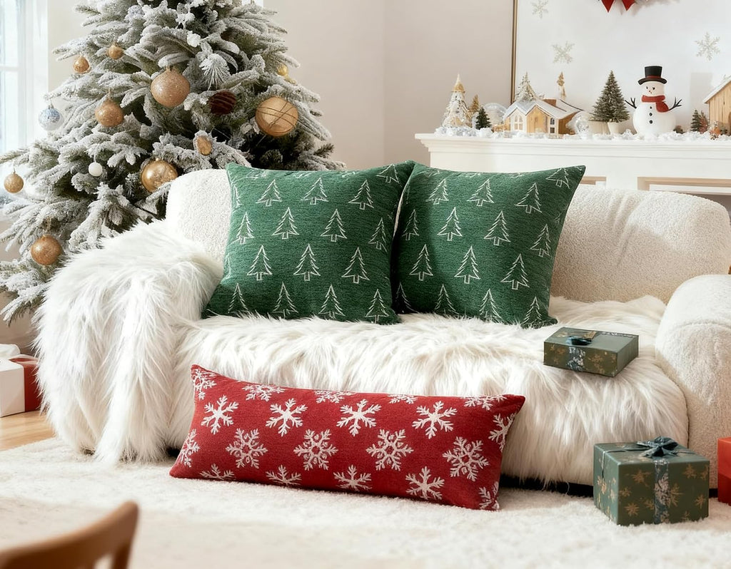 Soft Chenille Christmas Pillow Covers 20x20, Reversible Snowflake & Tree Pattern, Thick & Cozy Farmhouse - Set of 2
