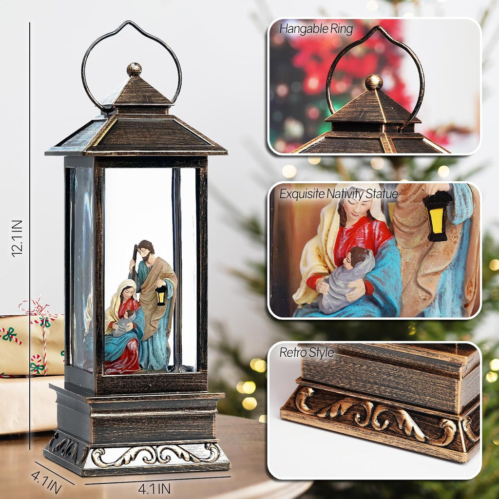 12" Christmas Snow Globe Lantern with Nativity - Water Swirling Glitter LED Light Lantern with Music - Vintage Xmas