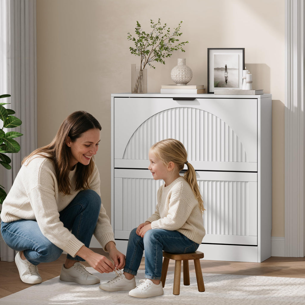 Fluted Shoe Storage Cabinet, 2 Flip Drawers, White